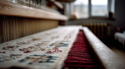 A close-up of a textile on a loom in soft focus, revealing intricate patterns in a sunlit room.
