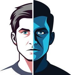 Duality of light and dark in a split portrait