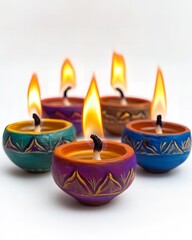Colorful Handcrafted Candles Burning Brightly Festive Diya Lights