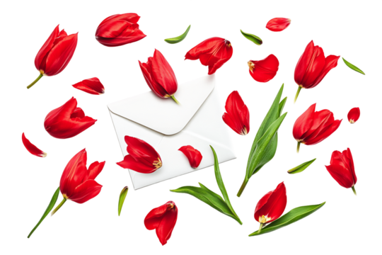 Red Tulips and White Envelope on Transparent Background, PNG