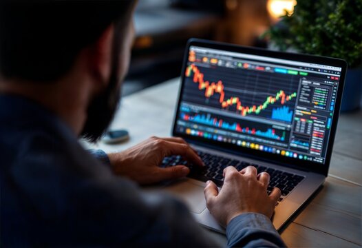 Man at laptop analyzing stock market charts &ndash; trading concept