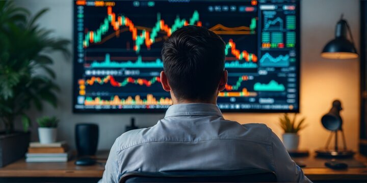 Man at laptop analyzing stock market charts &ndash; trading concept