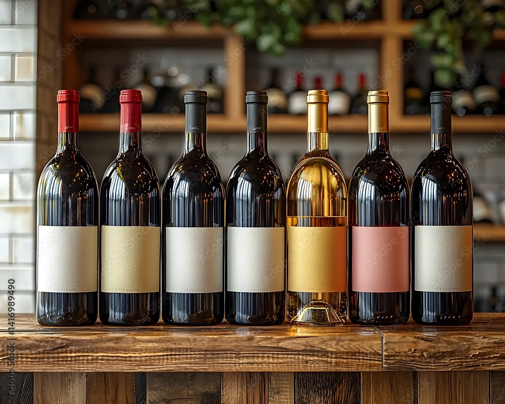 Poster a vibrant display of wine bottles on a rustic wooden shelf in a cozy bar setting long title a divers