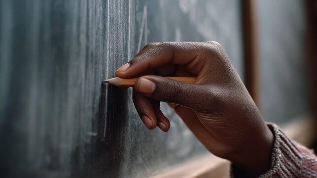 A hand precisely writes mathematical equations on a chalkboard, capturing the essence of learning and focus.