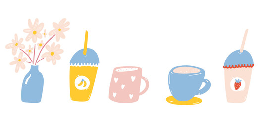 Cute doodle cups and glasses of coffee, tea and strawberry milkshake. Illustrations set of cafe kitchenware