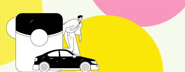 Flat vector concept operation hand drawn illustration of people taking a taxi
