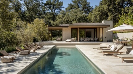 Fototapeta premium A contemporary open-air pool scene with minimal furnishings, clean-lined architecture, and a chic neutral color scheme