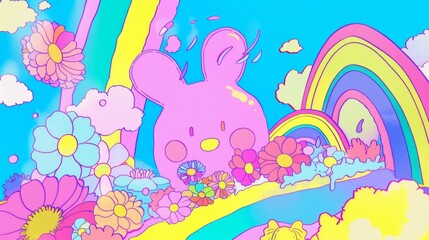 This is a vibrant and playful illustration featuring an array of adorable, cartoon-like characters