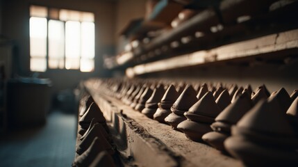 Rows of terracotta pots await completion, capturing the raw beauty and promise of potential in a sunlit pottery studio.