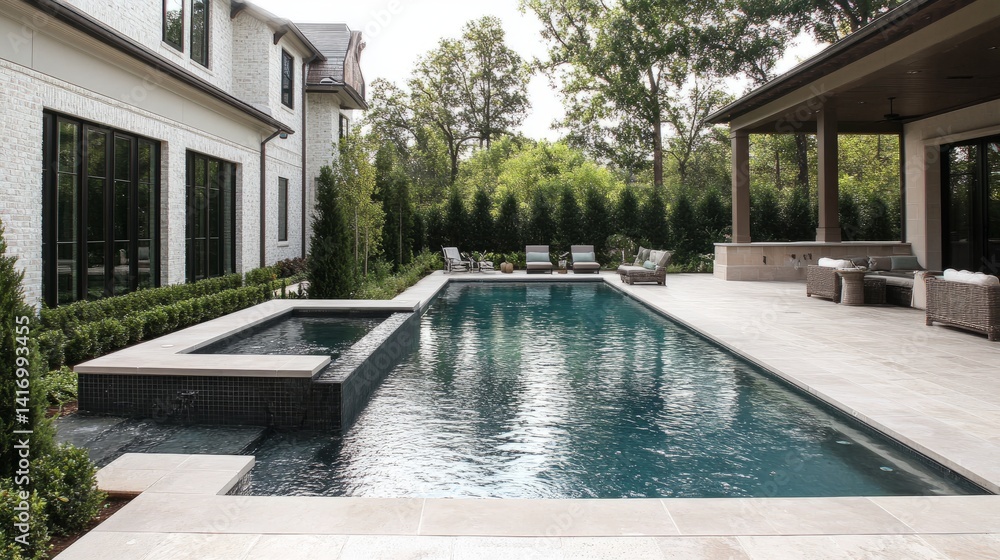 Poster calm and elegant pool area with a minimalist approach, pure lines, and neutral tones blending into t