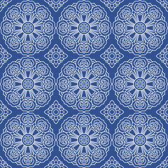 Blue Ornamental Seamless Pattern with Buddhist Wheel of Samsara and Azulejo Tile Motifs for fabric , wallpaper or wrapping paper. Botanical classic elegance print design.