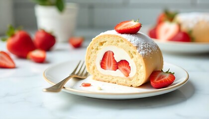 Strawberry cake roll filled with fresh strawberry slices and cream cheese, homemade strawberries swiss roll