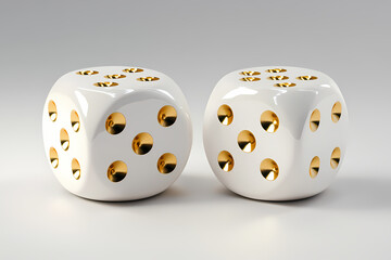 Golden Dice: A pair of pristine white dice, each adorned with striking golden pips, sit side-by-side, presenting an elegant study of chance and fortune. 