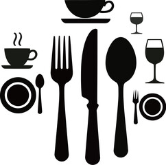 Black Silhouettes of Dining Utensils, Cups, and Glasses