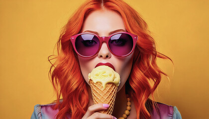 Close-Up Portrait of a Woman Enjoying an Ice Cream Cone with a Bold Yellow Background
