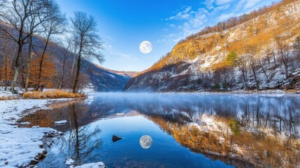 Fototapeta premium Winter Lake, Full Moon, Misty Reflection - Winter Wonderland: The i.