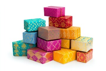 A Colorful Stack of Gift Boxes with Festive Designs Ready for Gifting