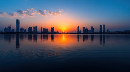 Fototapeta premium Sunset cityscape reflection, lake, urban skyline