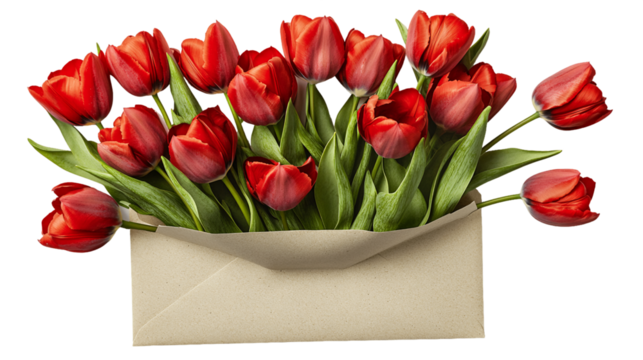 Red Tulips in Beige Envelope on Transparent Background, PNG