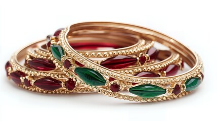Elegant Gold Bangles with Red and Green Gemstones Stacked Close Up