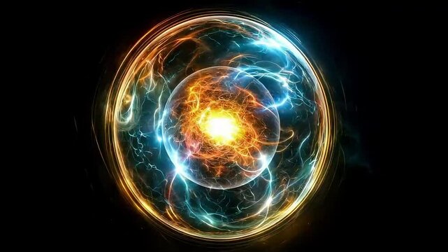 Luminous multidimensional energy sphere radiating electric orange and blue lights in a cosmic black background.