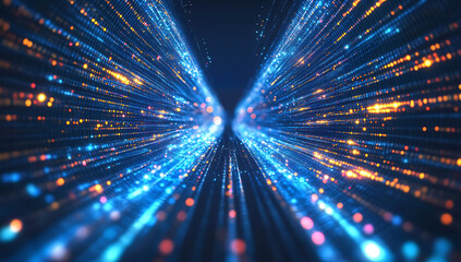 Fototapeta premium Abstract glowing blue and orange light streams converge on a dark background.