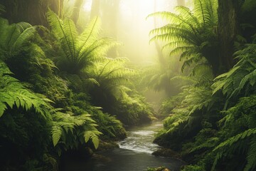 Lush fern-filled rainforest pathway bathed in golden sunlight.