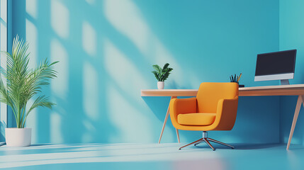 Vibrant Workspace: An orange chair sits invitingly by a wooden desk. Sunlight streams in, illuminating an organized desk and flourishing plant.