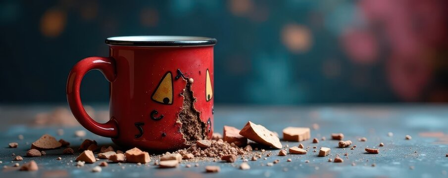 Shattered mug, detached handle, scattered fragments, tableware, damage