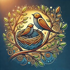 Fototapeta premium Branches with Bird Nests Represents a relationship