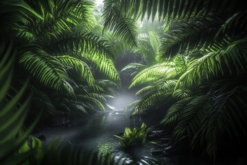 Lush rainforest passageway bathed in ethereal light.