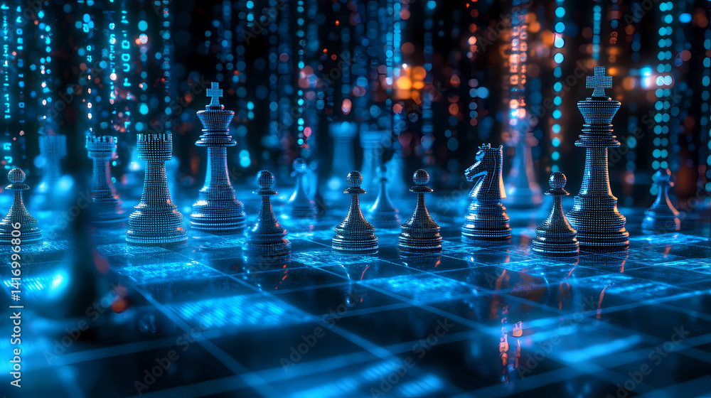 Poster digital chessboard: a futuristic chessboard glows with digital data streams, chess pieces poised for
