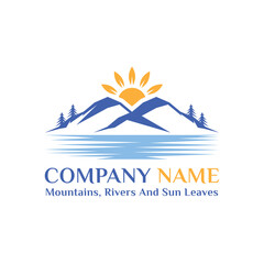 Vector logo landscapes featuring mountains, sun, leaves and rivers. Perfect for tourism, traveling, travel and so on.