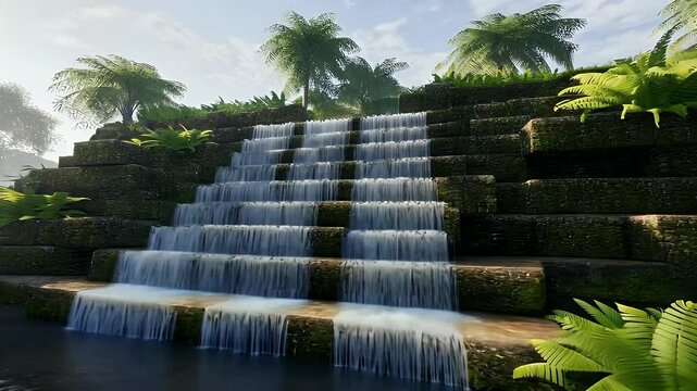 Stepped tropical waterfall flowing through lush green jungle oasis
