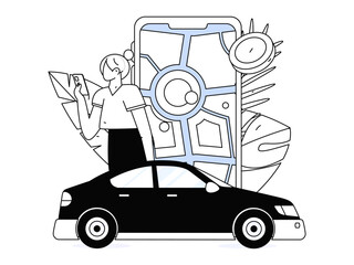 Flat vector concept operation hand drawn illustration of people taking a taxi
