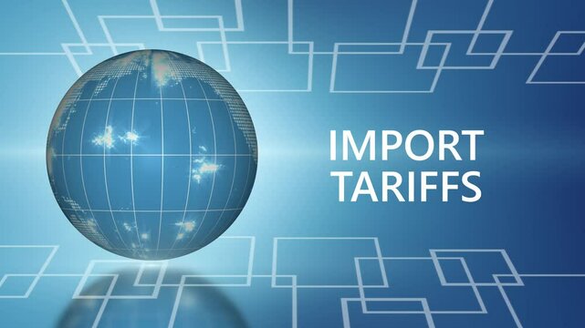 Tariffs Text with World Map Globe. World map representation with a blue background and import tariffs text, seamless loop.