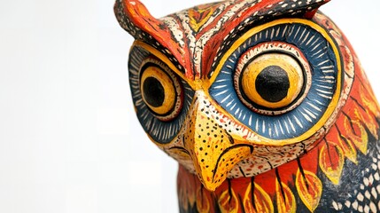 Hand painted Wooden Owl Figurine Close up Vivid Colors Folk Art Bird Statue
