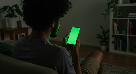 A man is watching a bright smartphone screen at home, the camera shot is from the back side of the man.