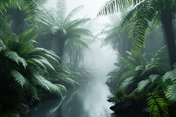 Misty rainforest pathway, lush with ferns and palms.