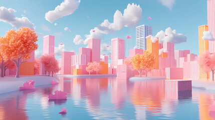 Pink Cityscape Dream: A whimsical, pastel-colored cityscape reflects in a calm pink river, surrounded by fluffy clouds and stylized trees.  