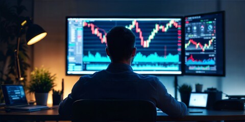 Man at laptop analyzing stock market charts – trading concept