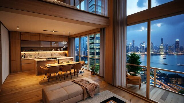 Luxurious loft apartment with city views, wooden design, and a mezzanine level