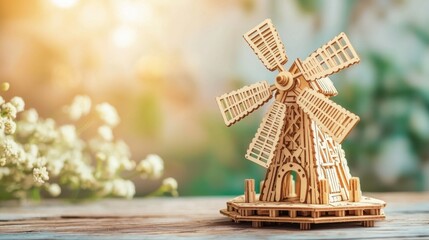 Fototapeta premium Wood windmill sits on a table. Sunlight and flowers in the background