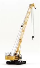 Detailed side view of a realistic crawler crane isolated on white background, showcasing mechanical parts, industrial design and lifting hook..