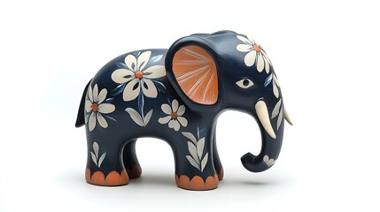 Hand painted Dark Blue Elephant Figurine with Floral Design Home Decor Ornament