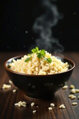 A broken rice bowl overflowing with sticky, uneven glutinous rice, kitchen, glutinous
