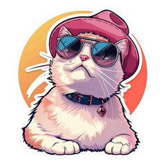 Naklejka premium Cute cat wearing a hat and sunglasses, sun-inspired design.