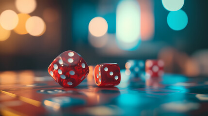 Dice Game: The focus of this image is on the dice. The vibrant red dice with white spots are set against a blurred background.