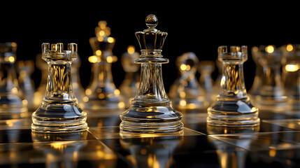 Glass Chess Pieces on Board:  Close-up shot of a glass chess set on a dark board, the queen prominently featured in the foreground, reflecting light beautifully.