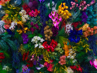 Bright floral background with beautiful, colorful flowers. A beautiful wall of bright, colorful flowers.